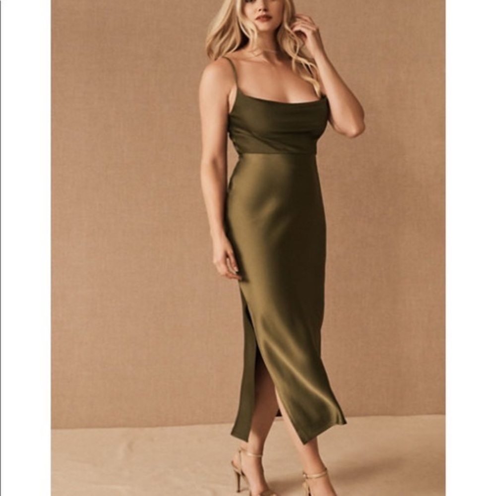 NWT BHLDN CALI SATIN COWL NECK MIDI SLIP DRESS IN DISCONTINUED OLIVE GREEN